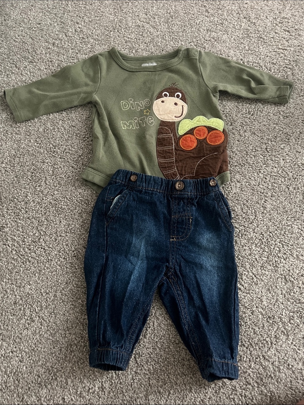 Garanimals Olive Green Dino Applique Top with Dark Blue Jeans Set